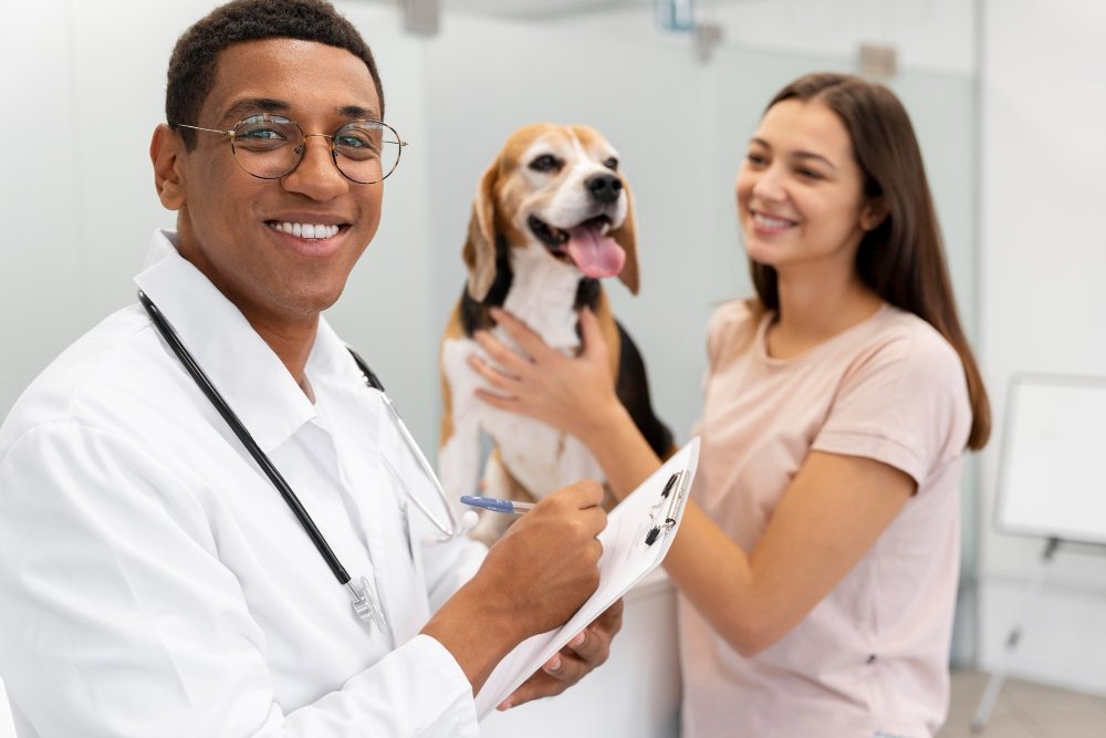  Veterinário atendendo cachorro com tutora durante estágio veterinária remunerado.